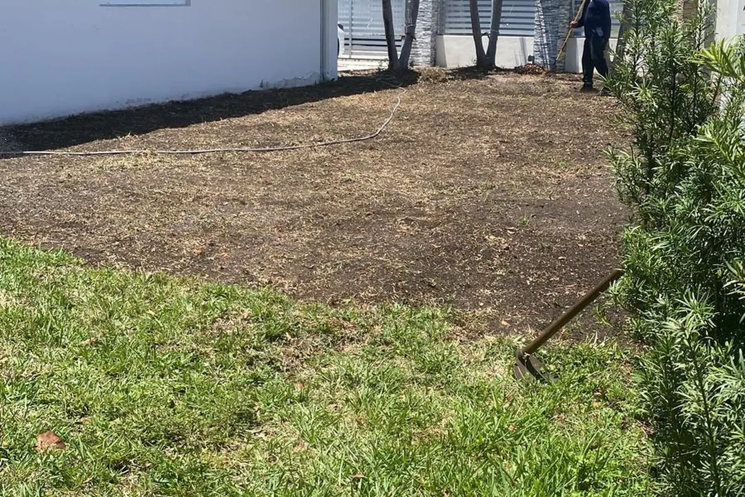 A backyard mid-clearance by Martin's Tree Solution — beds cleared, ready for fresh planting.